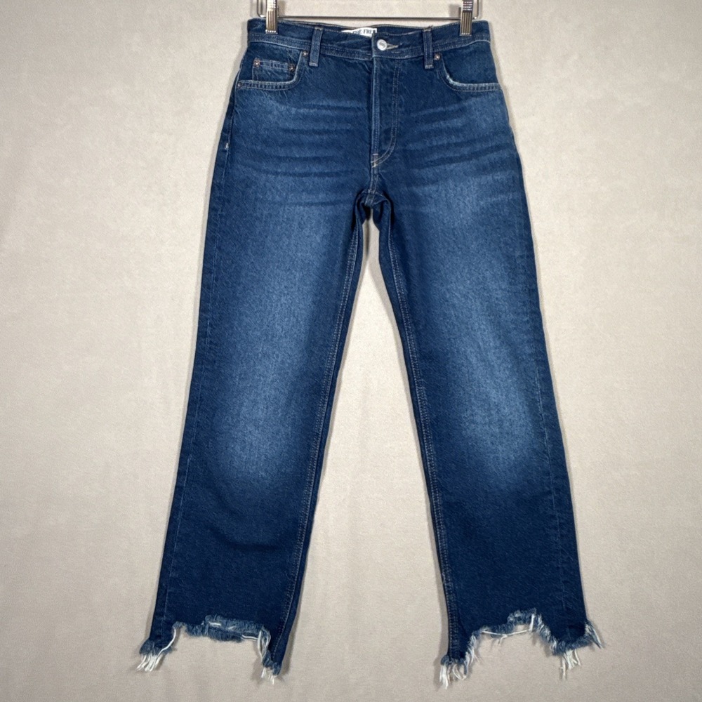 We The Free Maggie Jeans 26x28 Mid Rise Straight Leg Frayed Hem Dark Wash Boho